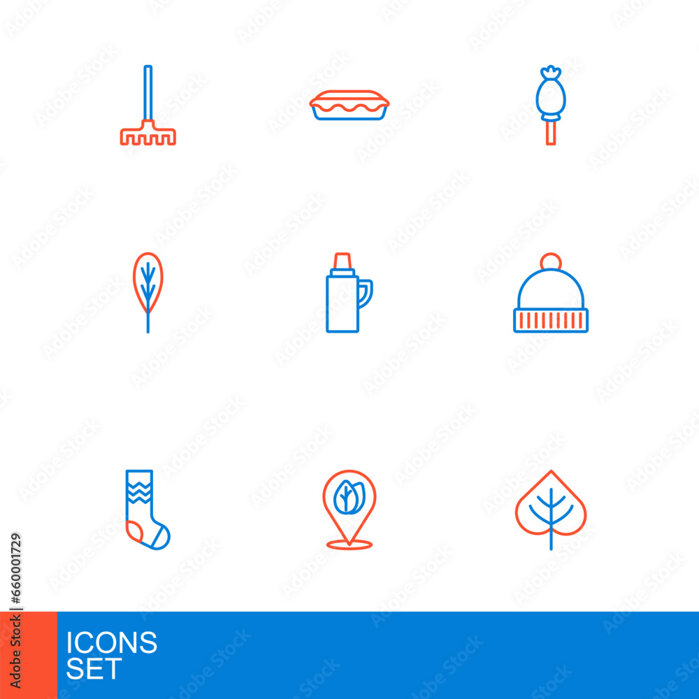 Set line Leaf, Location with leaf, Socks, Winter hat, Thermos container, Opium poppy and Homemade pie icon. Vector Set line Leaf, Location with leaf, Socks, Winter hat, Thermos container, Opium poppy and Homemade pie icon. Vector