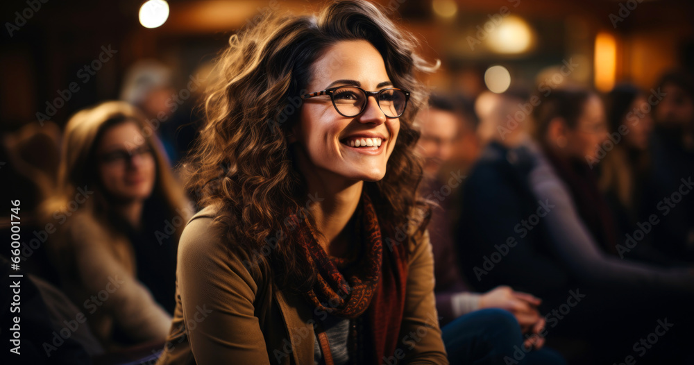 Smiling young woman with curly hair enjoys a lively event surrounded by an engaged audience in an intimate venue during evening hours Smiling young woman with curly hair enjoys a lively event surrounded by an engaged audience in an intimate venue during evening hours