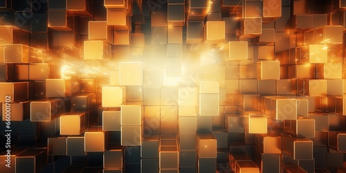 Abstract geometric metallic gold 3d texture wall with squares and square cubes background banner illustration with glowing lights, textured metal wallpaper
