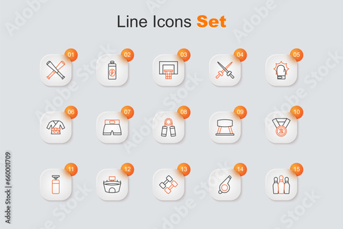 Set line Bowling pin, Whistle, Dumbbell, Stadium, Punching bag, Medal, Pommel horse and Sport expander icon. Vector