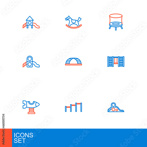 Set line Slide playground, Sport horizontal bar, Swing plane, Swedish wall, Monkey, Jumping trampoline and Horse saddle swing icon. Vector