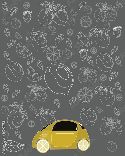 whole and sliced ​​lemon pattern with white lines with future car and gray background in vector