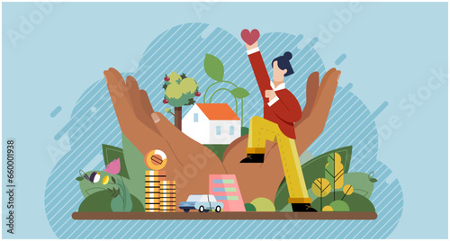 Wellbeing concept, provision of person with material, financial, social and spiritual benefits. Optimistic mindset, positive thinking. Happy character, acceptance, good mood and optimism of girl