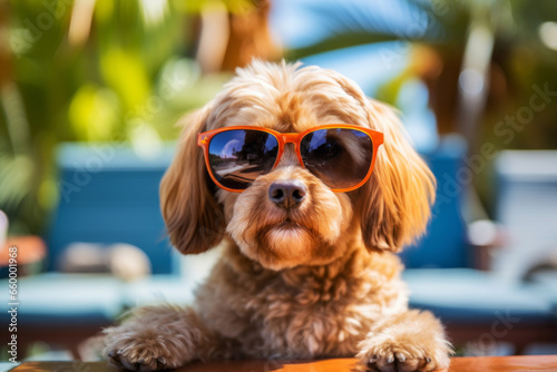Cool fluffy brown dog in sunglasses sitting at table in summer holiday vocation. Funny animals concept © Cherstva