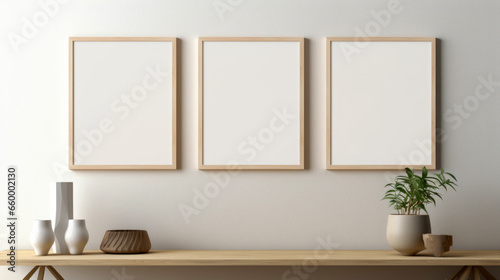 interior of a room. Blank Portrait Framed Unframed, Light Beige and Beige Style, Minimalist Canvases, Three Vertical Frames