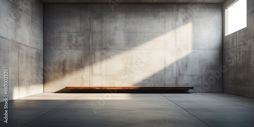 Empty room interior with concrete walls, grey floor with light and soft skylight from window. Background with copy - space.