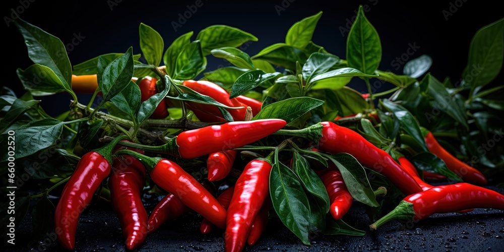 Food photography background - Closeup of ripe red chili peppers branch, on dark black table - obrazy, fototapety, plakaty 