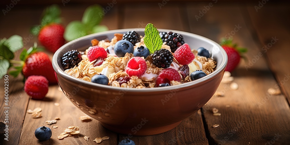 Food photography breakfast square - muesli bowl with berry fruits raspberry, blueberry, blackberry and cereal, top view, isolated on white background Food photography breakfast square - muesli bowl with berry fruits raspberry, blueberry, blackberry and cereal, top view, isolated on white background