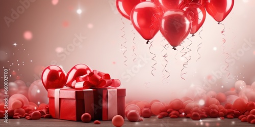 Happy Valentine's Day love or birthday celebration holiday background banner illustration greeting card - Red heart balloons and red gift box on table