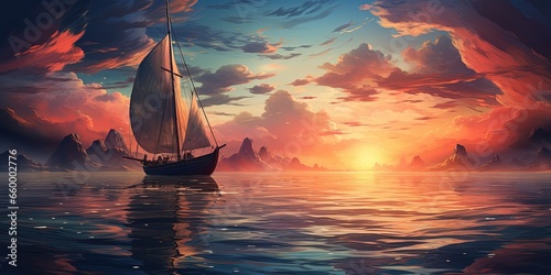 Illustration of scenic view of sailboat with wooden deck and mast with rope floating on rippling dark sea against cloudy sunset sky