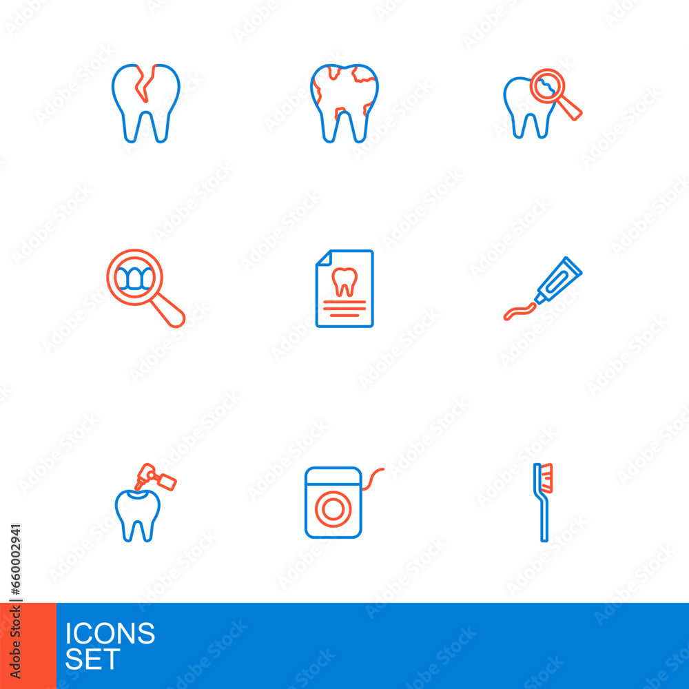 Set line Toothbrush, Dental floss, with caries and drill, Tube of toothpaste, search, Clipboard dental card, Broken and icon. Vector Set line Toothbrush, Dental floss, with caries and drill, Tube of toothpaste, search, Clipboard dental card, Broken and icon. Vector