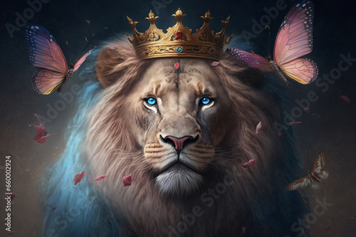 A regal portrait capturing the majesty of a lion adorned with a golden king crown and surrounded by vibrant colorful butterflies. Ai generated