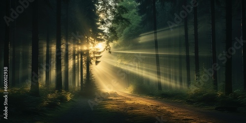 Mist fog magic dark forest. WIth sun ray going through trees. Adventure explore spooky scary mood.