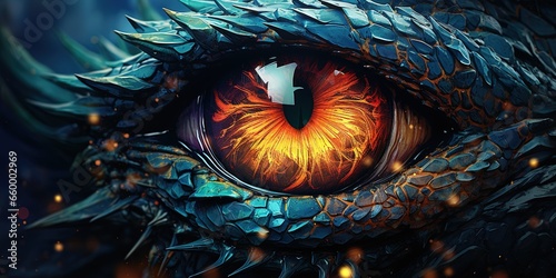 Myth fantasy dragon eye. Macro close up illustration decoration graphic art view lokk watching at you photo