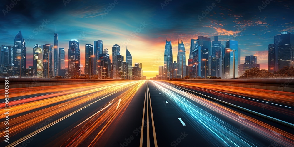 Road in city with skyscrapers and car traffic light trails. banner of infrastructure and transportation