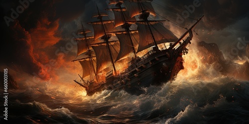 Pirate ship in a ferocious sea battle