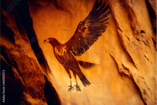 a paleolithic cave painting of a superb wedgetailed eagle in a canyon  photo