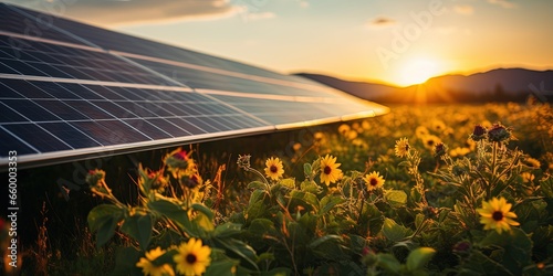 Solar panel at grass outdoor nature sunset sun landscape. Alternative eco power energy electricity. photo
