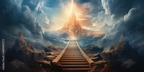 Stairway leading up to heaven toward the cross. Christian illustration. photo