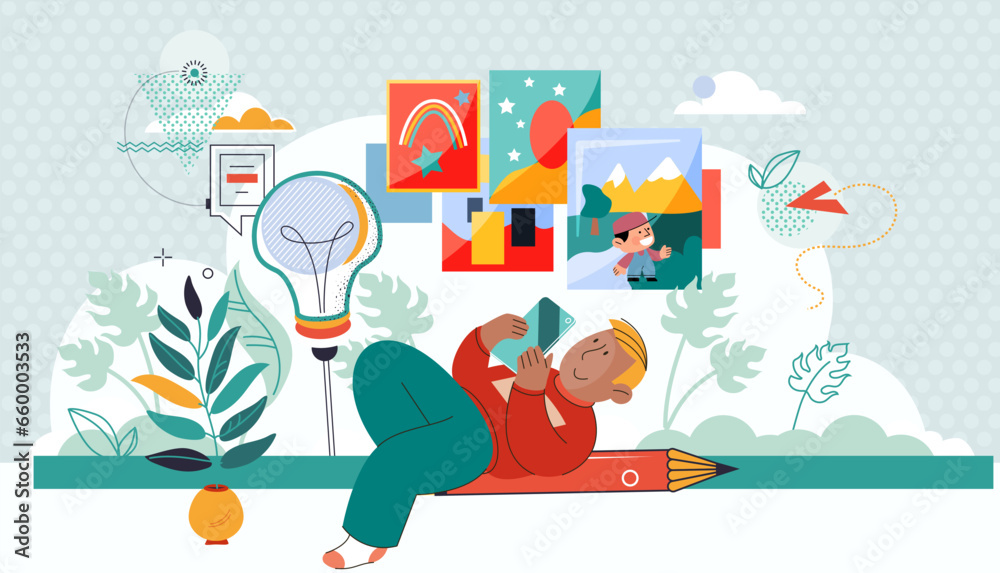 Fototapeta premium Creative ideas and technologies concept. Smiling boy lying with smartphone with flying ahead ideas and creative things. Child playing game on phone. Watching online drawing lesson, looking at pictures