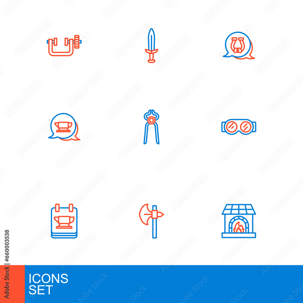 Set line Blacksmith oven, Medieval axe, anvil tool, Welding glasses, pliers, Horseshoe and sword icon. Vector Set line Blacksmith oven, Medieval axe, anvil tool, Welding glasses, pliers, Horseshoe and sword icon. Vector