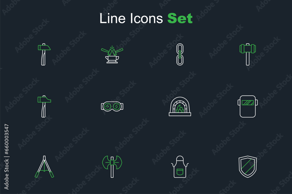 Set line Shield, Blacksmith apron, Medieval poleaxe, Air blower bellows, Welding mask, oven, glasses and Hammer icon. Vector