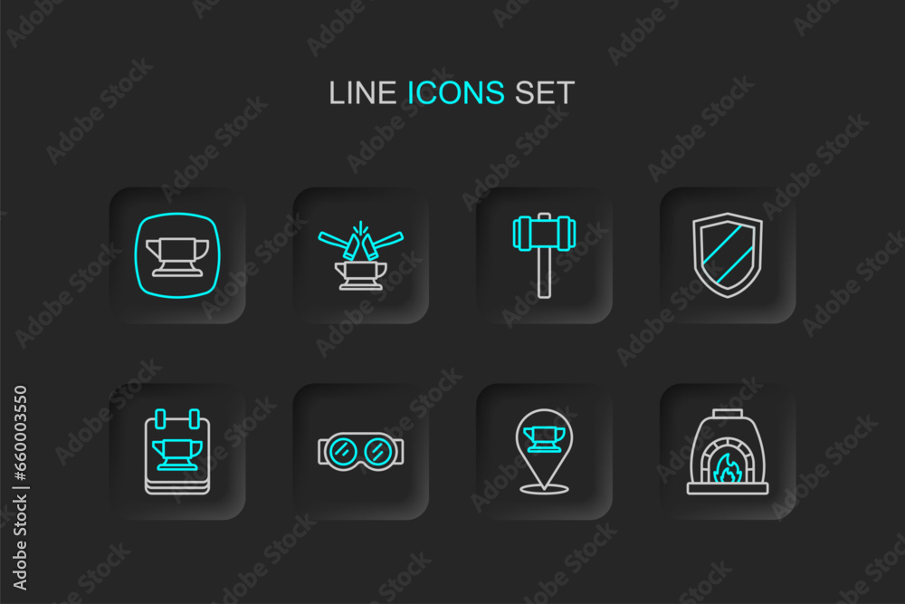 Set line Blacksmith oven, anvil tool, Welding glasses, Shield, Sledgehammer, Anvil and and icon. Vector Set line Blacksmith oven, anvil tool, Welding glasses, Shield, Sledgehammer, Anvil and and icon. Vector