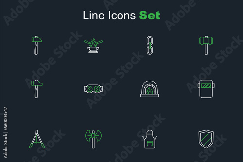 Set line Shield, Blacksmith apron, Medieval poleaxe, Air blower bellows, Welding mask, oven, glasses and Hammer icon. Vector