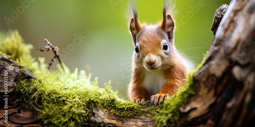 Wildlife animal photography background - Sweet young red squirrel( sciurus vulgaris) baby on a mossy tree trunk in forest © Павел Озарчук