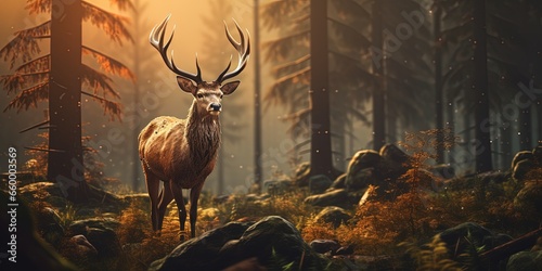 Wildlife animal landscape background - Wild deer in forest in the morning with fir trees sunlight and dust © Павел Озарчук
