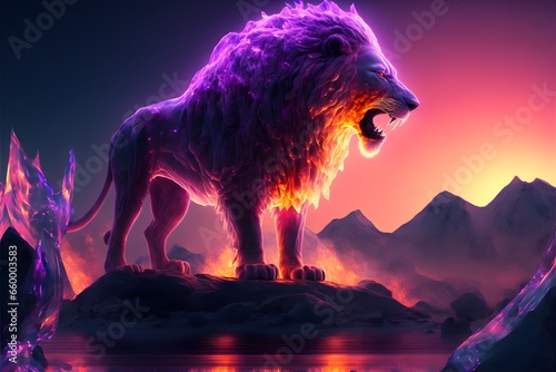 landscape lion made of ice fire purple sun 