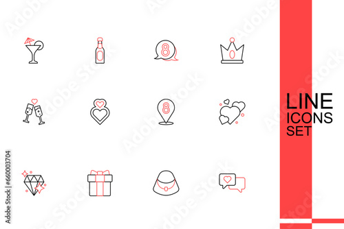 Set line Heart in speech bubble, Handbag, Gift box heart, Diamond, 8 March, and Glass of champagne icon. Vector