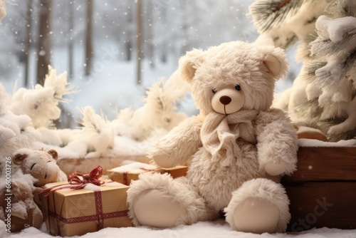 Enchanting vintage room with Christmas tree and teddy bears. A magical atmosphere of wonder and delight. © Pixel Alchemy