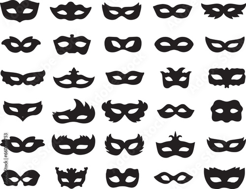 Set of carnival masks silhouettes. Simple black icons of masquerade masks, for party, parade and carnival isolated on white background