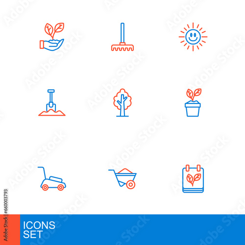 Set line Calendar with autumn leaves, Wheelbarrow, Lawn mower, Plant in pot, Shovel, Tree, Sun and Garden rake icon. Vector