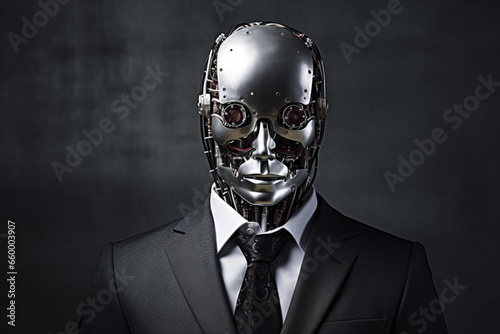 Explore the fusion of business and technology in this creative concept, featuring a suited man working with a robotic face. Working like a robot concept. Ai generated