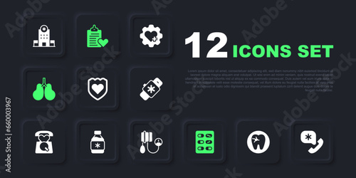 Set Tooth with caries, Emergency call 911, Immune system, Pills in blister pack, Lungs, Bottle of medicine syrup, Patient record and Blood pressure icon. Vector