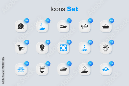Set Yacht sailboat, Location with anchor, Ship steering wheel, Nautical rope knots, Anchor and Lifebuoy icon. Vector