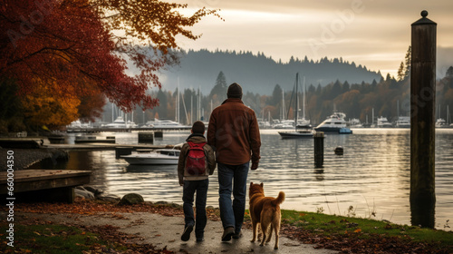 dad and son with lake and uran city background. photo