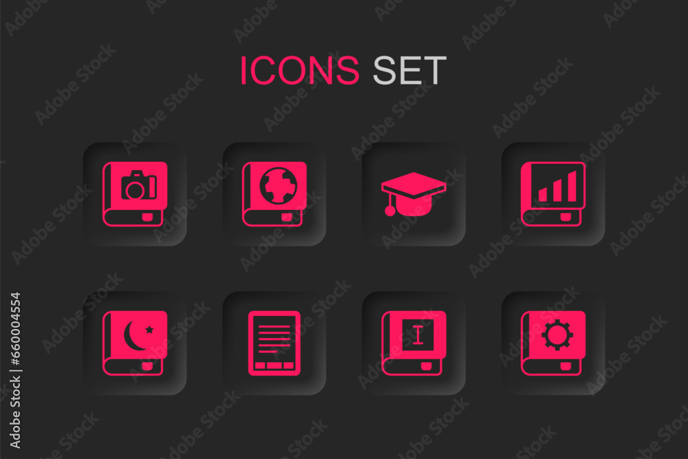 Set E-Book reader, Earth globe and book, Photo album gallery, Financial, User manual, Graduation cap and Holy of Koran icon. Vector Set E-Book reader, Earth globe and book, Photo album gallery, Financial, User manual, Graduation cap and Holy of Koran icon. Vector