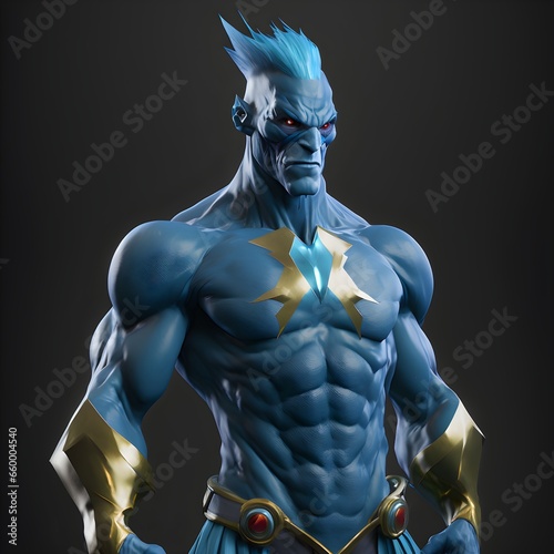 Golduck as a male superhero psychic superpowers water superpowers blue outfit full front body human face realistic dynamic light  photo
