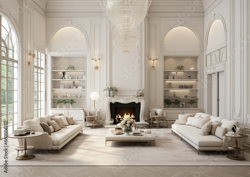 Beautiful luxurious interior house with white walls and decor.