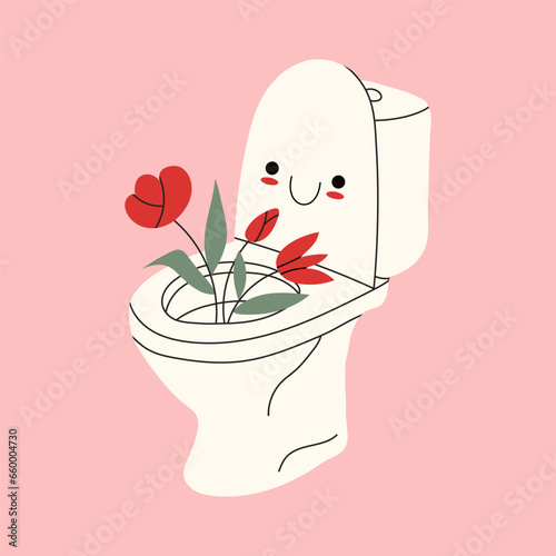 Cute funny smiling happy toilet bowl. Vector flat cartoon character illustration icon design. Isolated on pink background. Vector stock illustration.