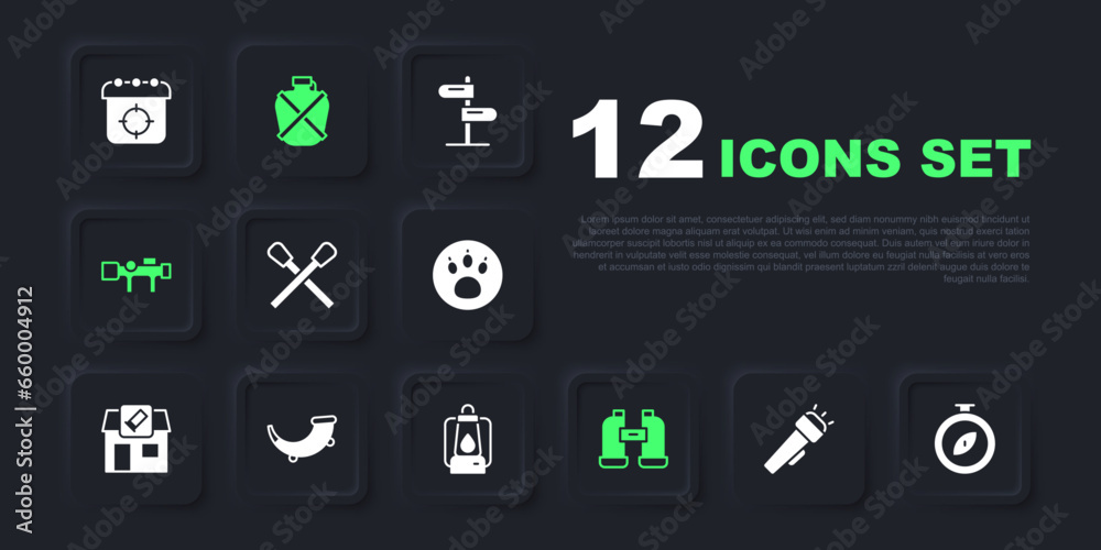 Set Flashlight, Compass, Burning match with fire, Binoculars, Sniper optical sight, Hunting horn, Canteen water bottle and Camping lantern icon. Vector