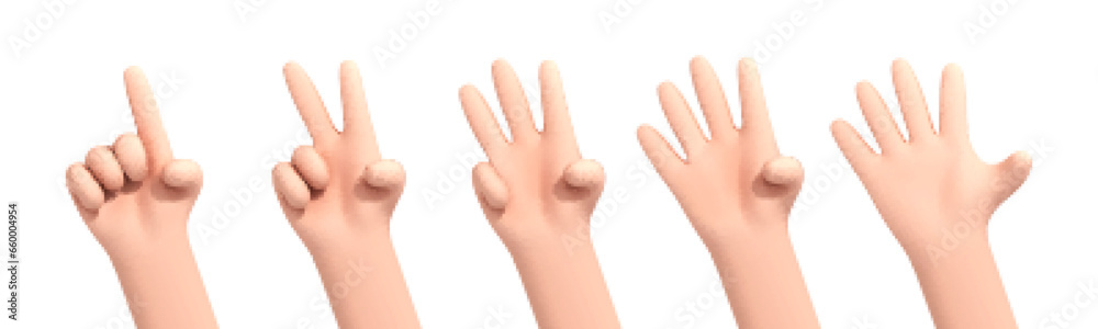 3D cartoon hands counting from one to five isolated on white background. Set of palms with raised fingers. Cartoon set of counting hands. Hands gesture numbers. Vector 3d illustration - obrazy, fototapety, plakaty 