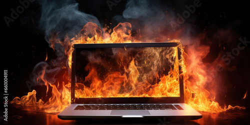 Laptop fiercely burning and smoking.
