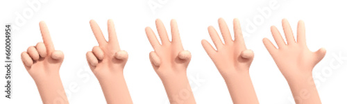 3D cartoon hands counting from one to five isolated on white background. Set of palms with raised fingers. Cartoon set of counting hands. Hands gesture numbers. Vector 3d illustration
