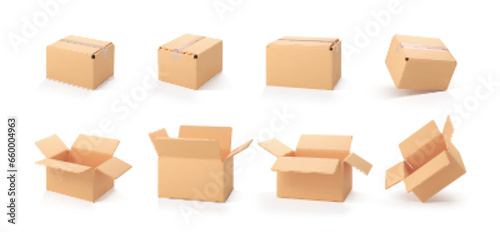3D cardboard open and closed boxes isolated on white background. Delivery cargo box set. Cartoon style cardboard boxes or delivery package. Vector 3d realistic