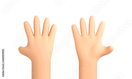 3D cartoon hands showing five fingers on white background. Hand with open palm gesture. Hands waving or showing high five. Vector 3d illustration.