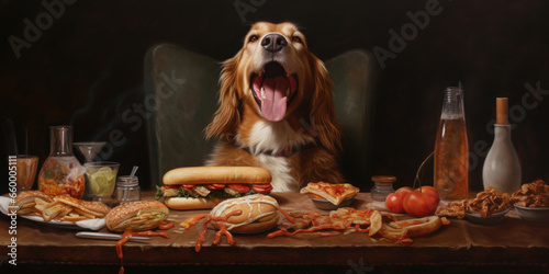 Joyful dog savors a tasty treat of hot dogs. © Lidok_L